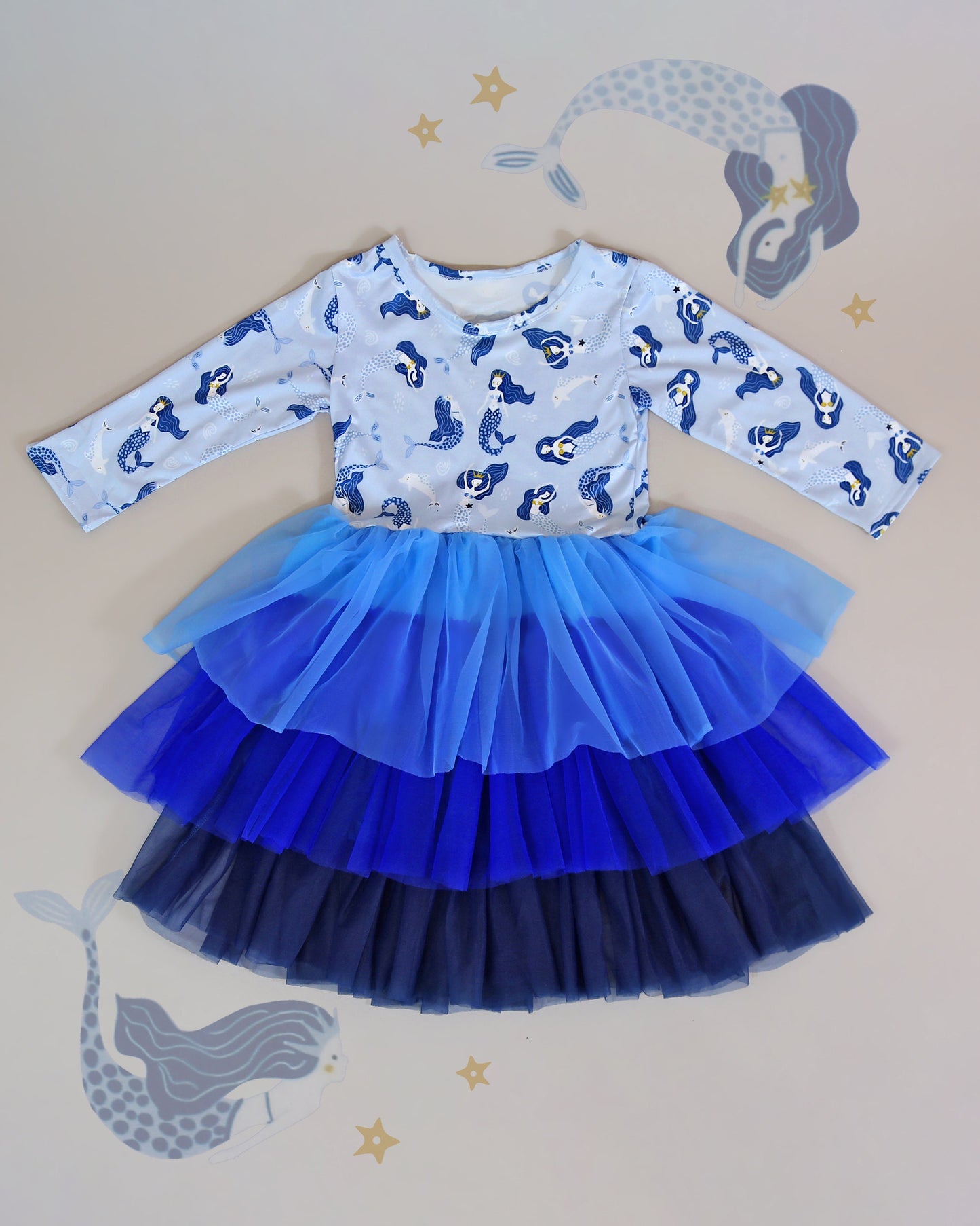 3/4 Sleeve Tutu Dress in Blue Mermaid