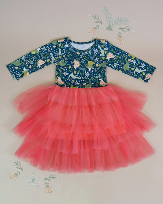 3/4 Sleeve Tutu Dress in Coral and Green Dinos