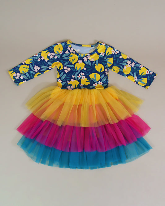3/4 Sleeve Tutu Dress in Blue, Yellow and Hot Pink Lemons