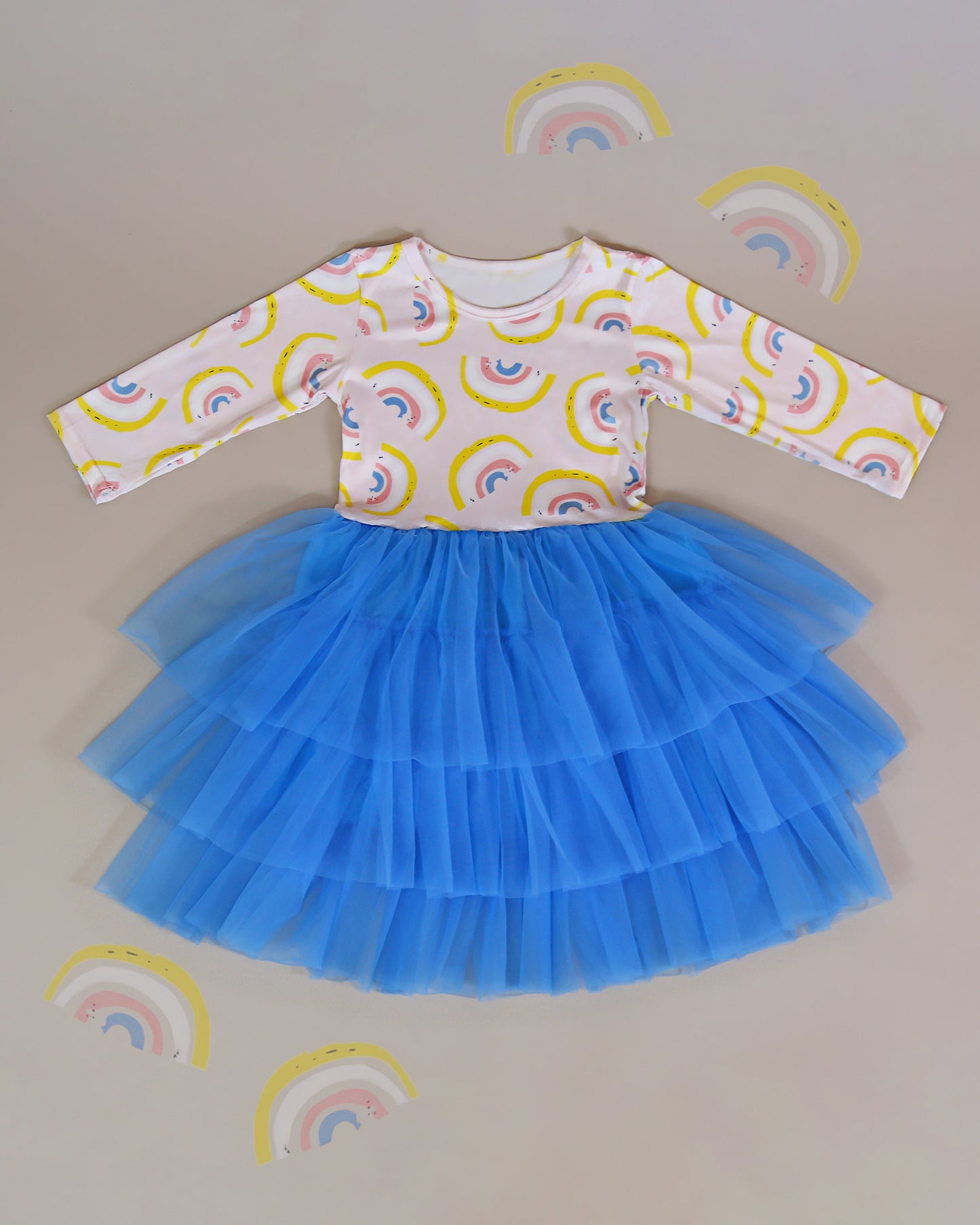 3/4 Sleeve Tutu Dress in Blue and Yellow Rainbows