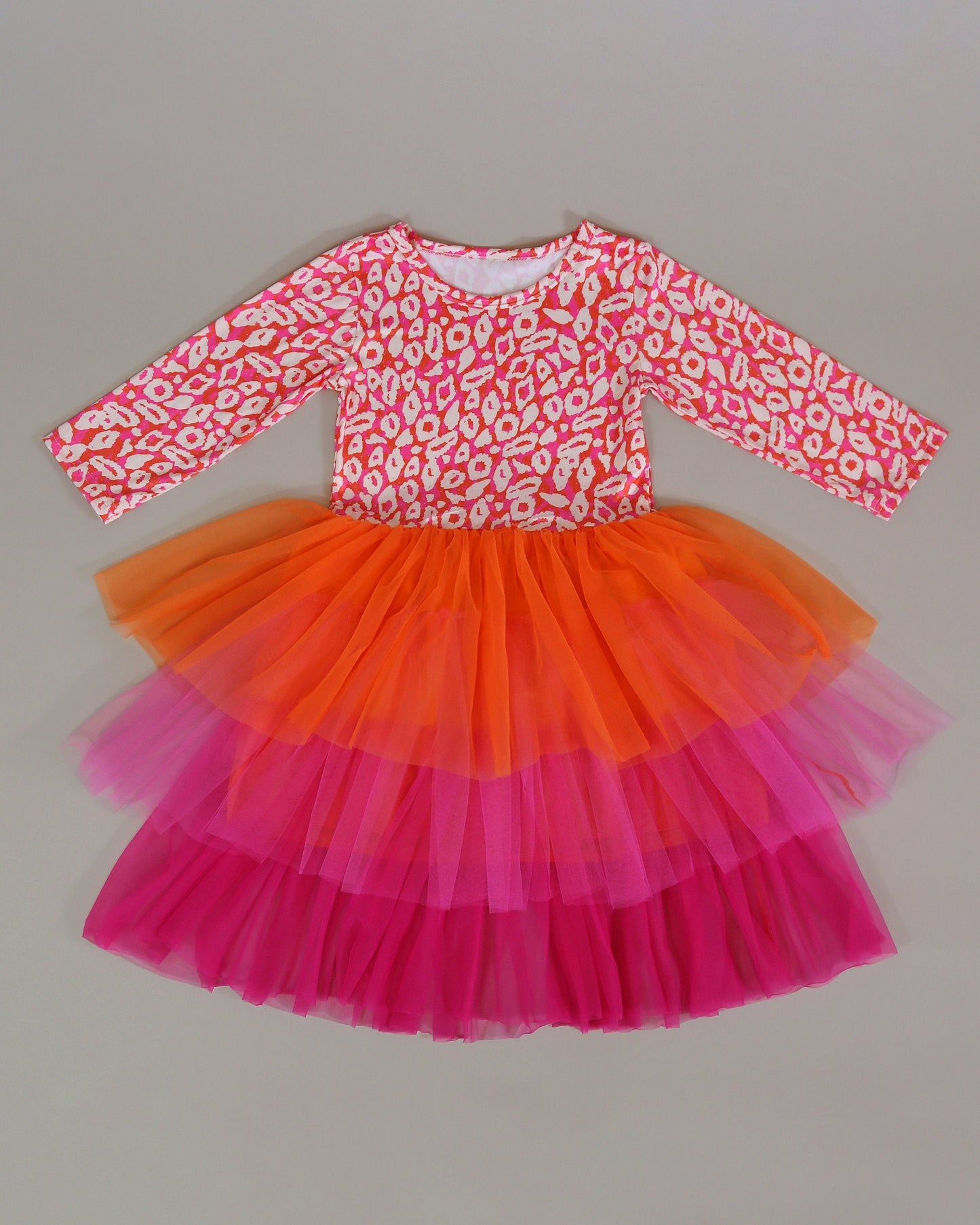 3/4 Sleeve Tutu Dress in Orange and Pink Leopard