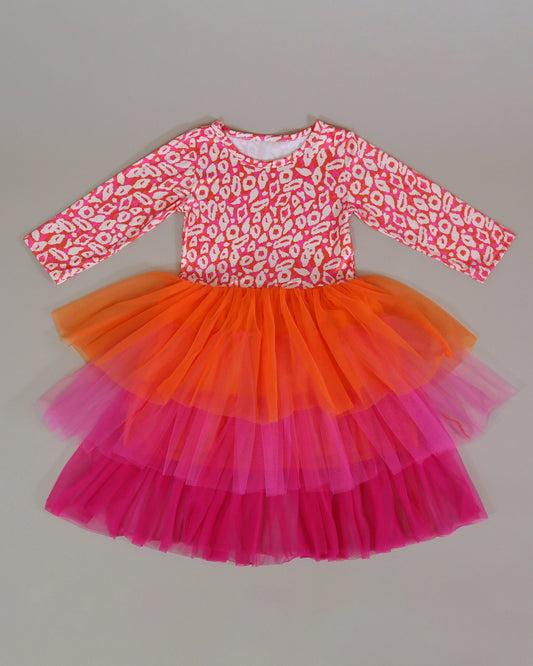 3/4 Sleeve Tutu Dress in Orange and Pink Leopard