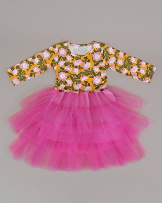 3/4 Sleeve Tutu Dress in Yellow and Pink Floral