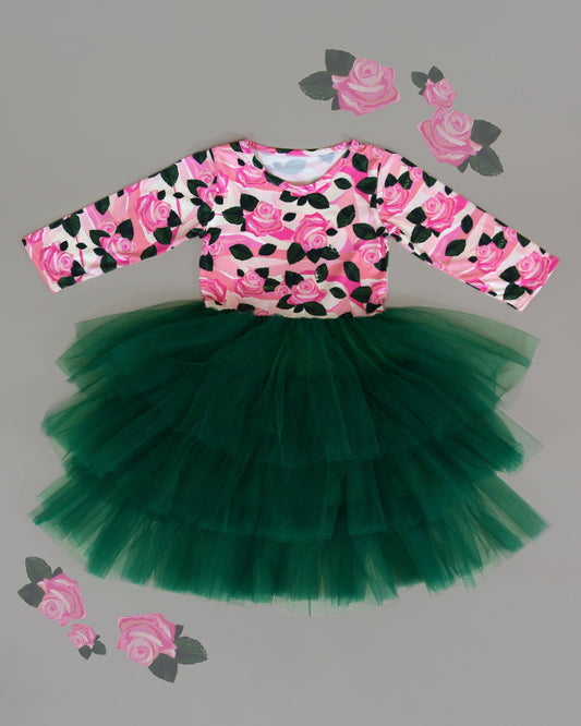 3/4 Sleeve Tutu Dress in Green with Pink Roses