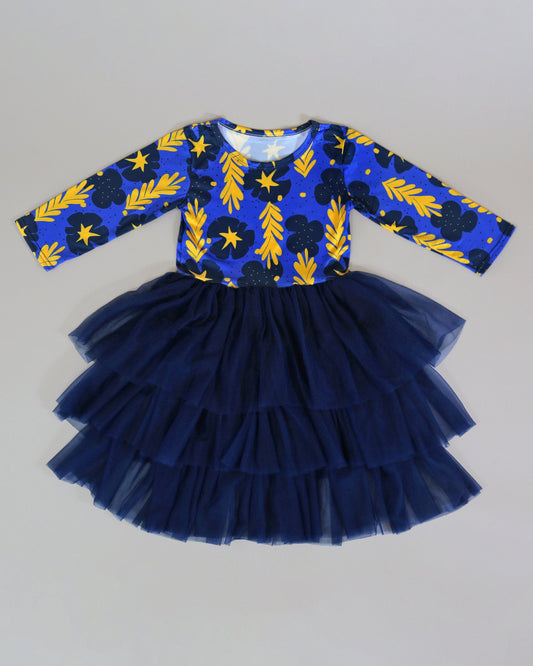 3/4 Sleeve Tutu Dress in Deep Blue and Yellow Floral