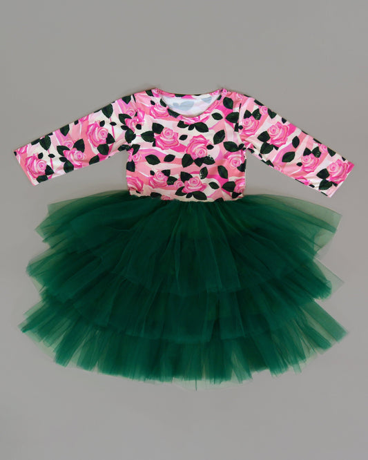 3/4 Sleeve Tutu Dress in Green with Pink Roses