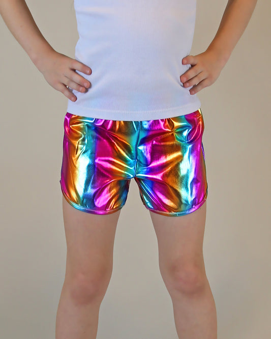 Metallic Shorts in Striped Rainbow