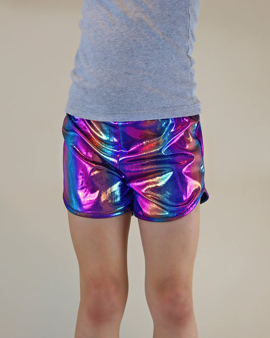 Metallic shorts in Blurred Rainbow