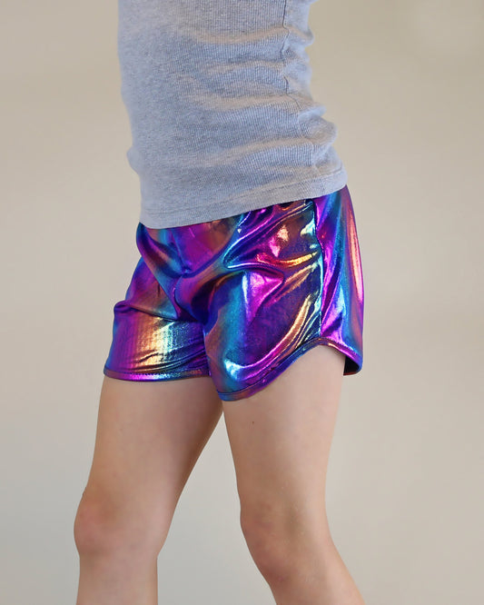 Metallic shorts in Blurred Rainbow