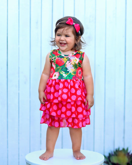 Tutu Dress in Red, Pink and Green Floral