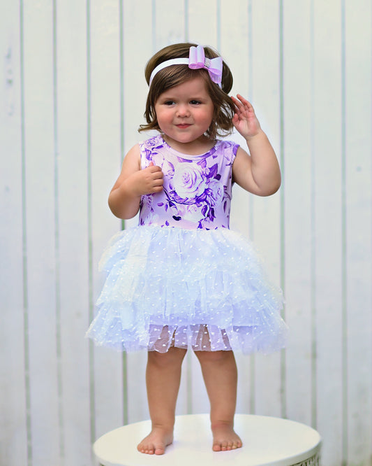 Tutu Dress in White with Lilac Roses