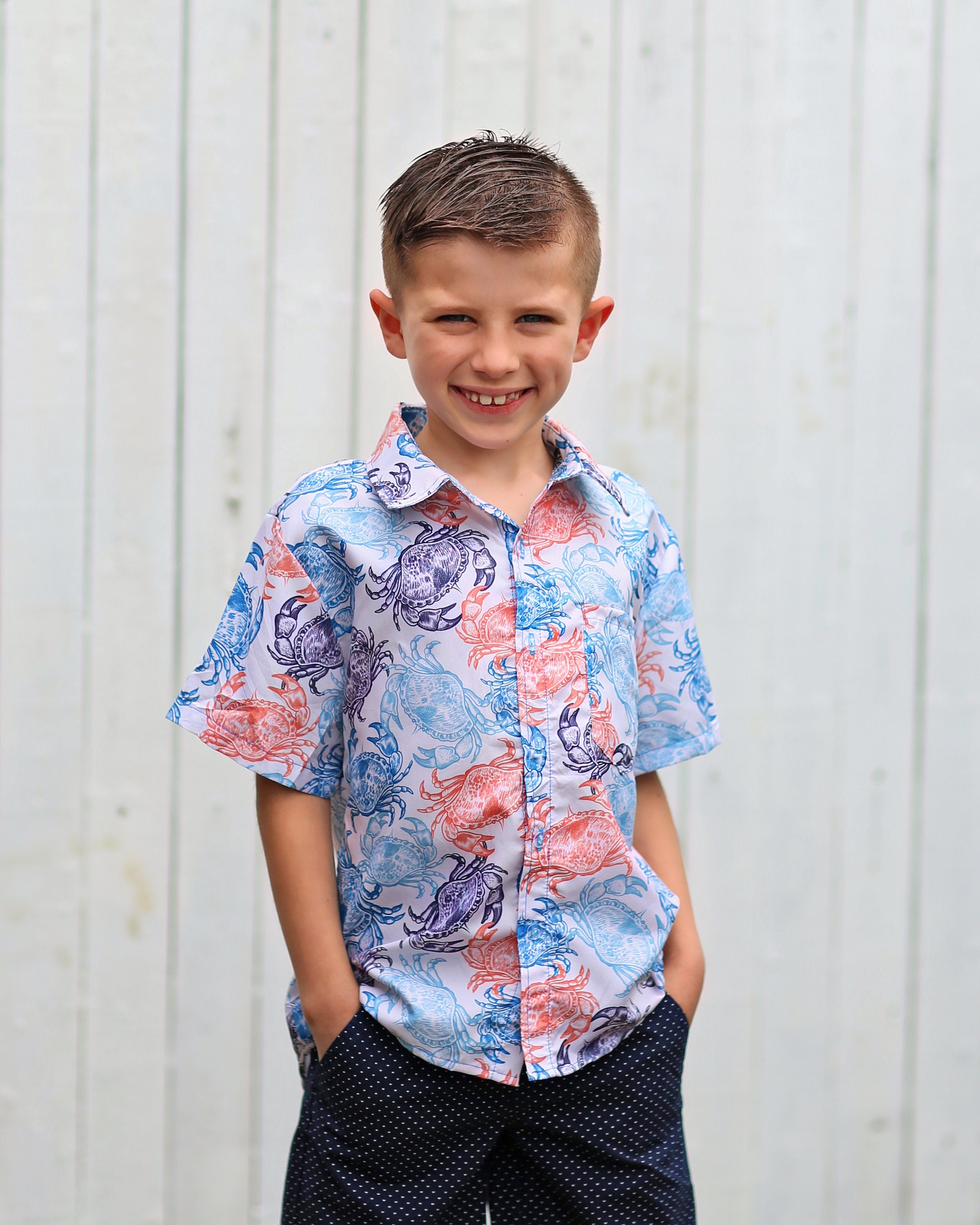 Boys Blue and Orange Crab Button up Shirt - Boys Button Shirt - Boys Dress Shirt