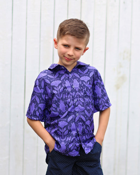 Boys Blue and Periwinkle Floral Bug Shirt Button up Shirt - Boys Button Shirt - Boys Dress Shirt