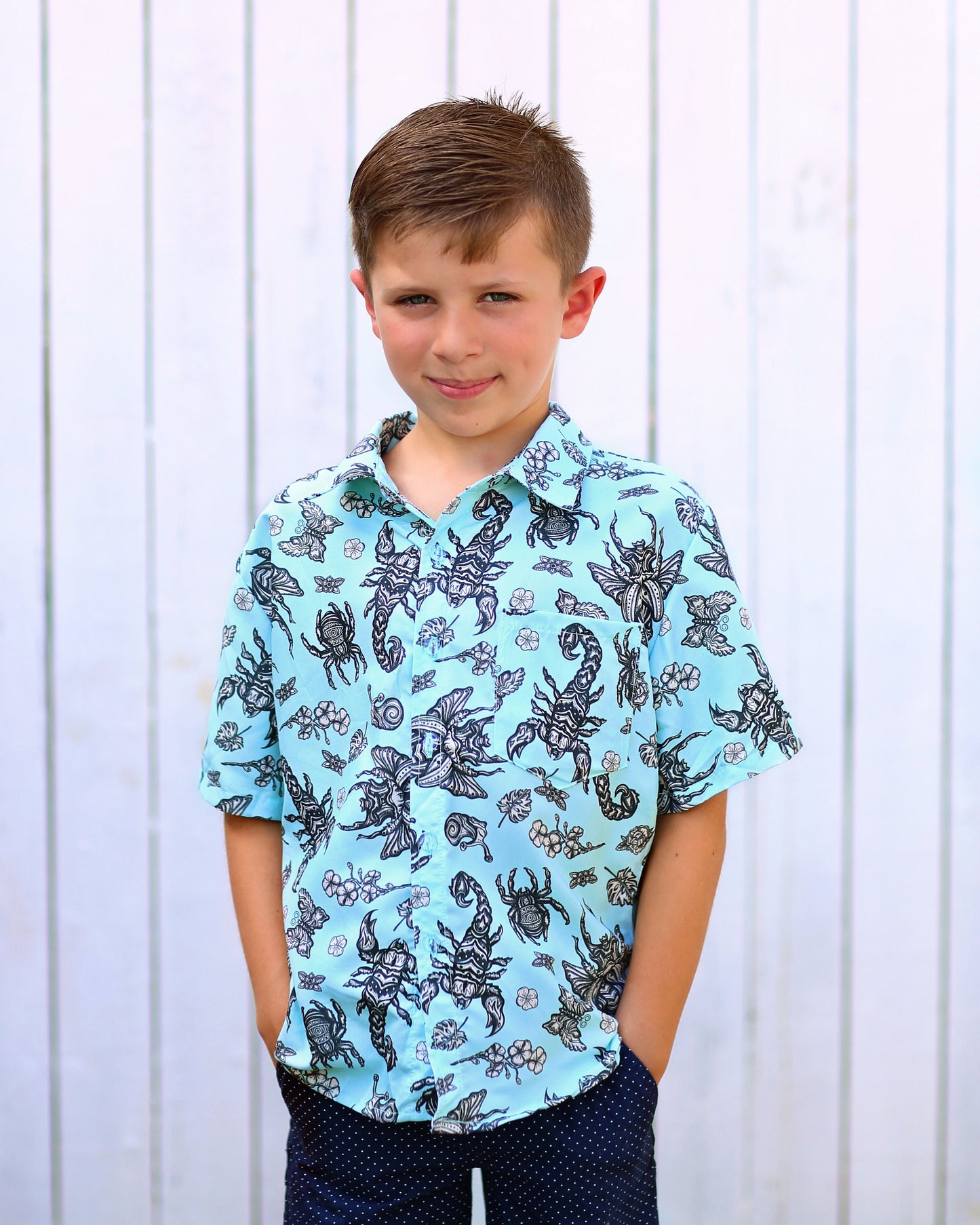 Boys Aqua Bug Shirt Button up Shirt - Boys Button Shirt - Boys Dress Shirt