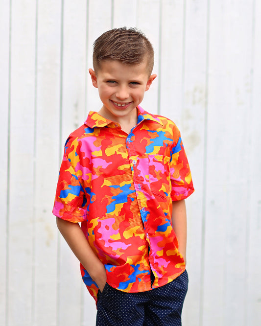 Boys Neon Orange and Red Camo Button up Shirt - Boys Button Shirt - Boys Dress Shirt