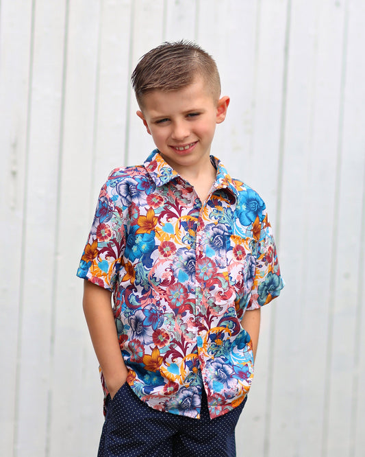 Boys Blue and Orange Paisley Floral Button up Shirt - Boys Button Shirt - Boys Dress Shirt