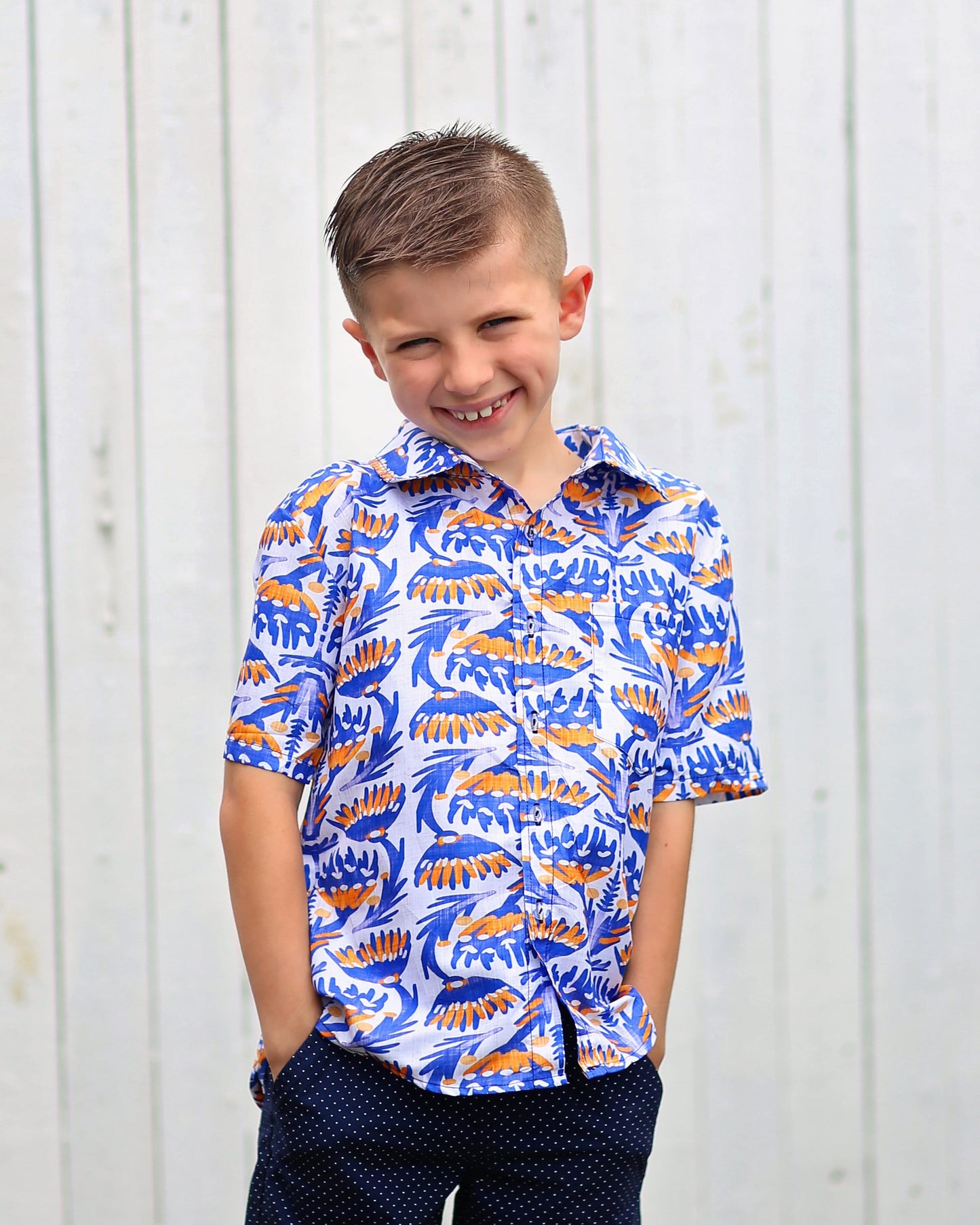 Boys Blue, Yellow and White Patterned Button up Shirt - Boys Button Shirt - Boys Dress Shirt