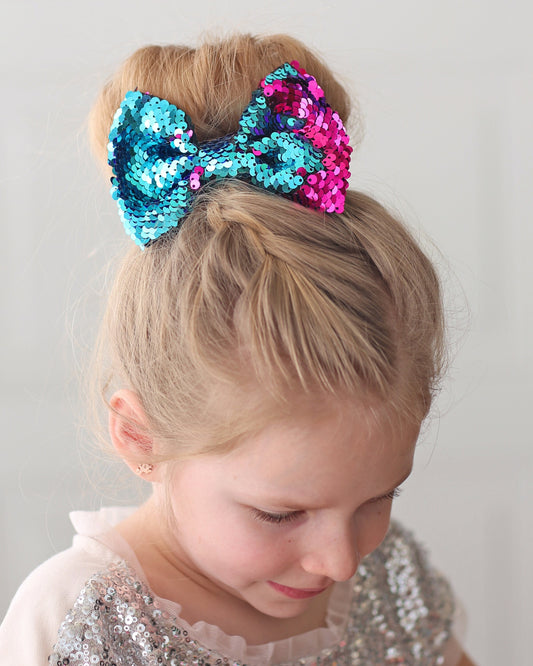 Aqua and Hot Pink Bow Clip - Sequin Bow Clip - Aqua and Pink Flip Sequins - Aqua and Hot Pink Reversible Sequins