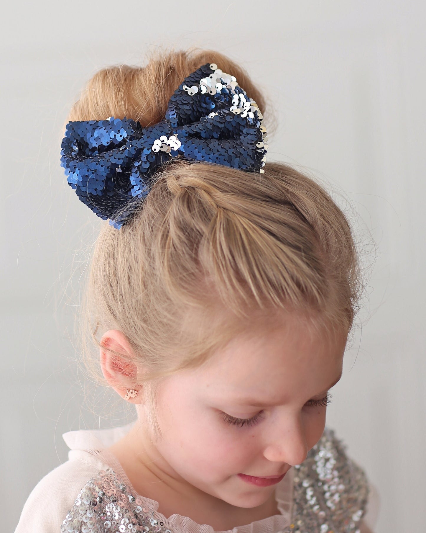 Navy and Silver Bow Clip - Sequin Bow Clip -  Navy Flip Sequins - Navy and Silver Reversible Sequins