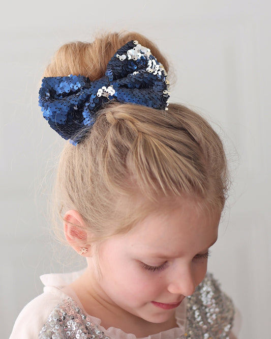 Navy and Silver Bow Clip - Sequin Bow Clip - Navy Flip Sequins - Navy and Silver Reversible Sequins