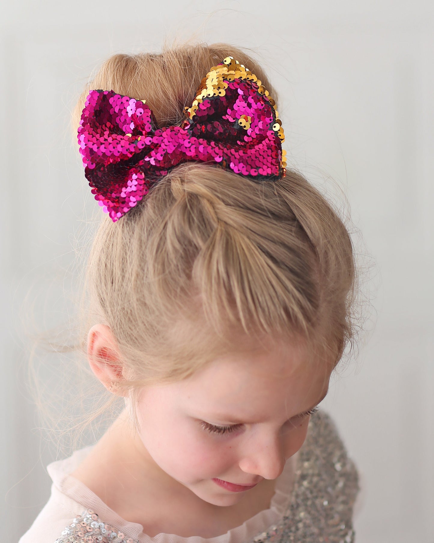 Hot Pink and Gold Bow Clip - Sequin Bow Clip -  Gold and Hot Pink Flip Sequins - Hot Pink and Gold Reversible Sequins