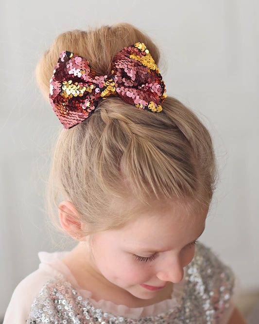 Pink and Gold Bow Clip - Sequin Bow Clip - Gold and Pink Flip Sequins - Pink and Gold Reversible Sequins
