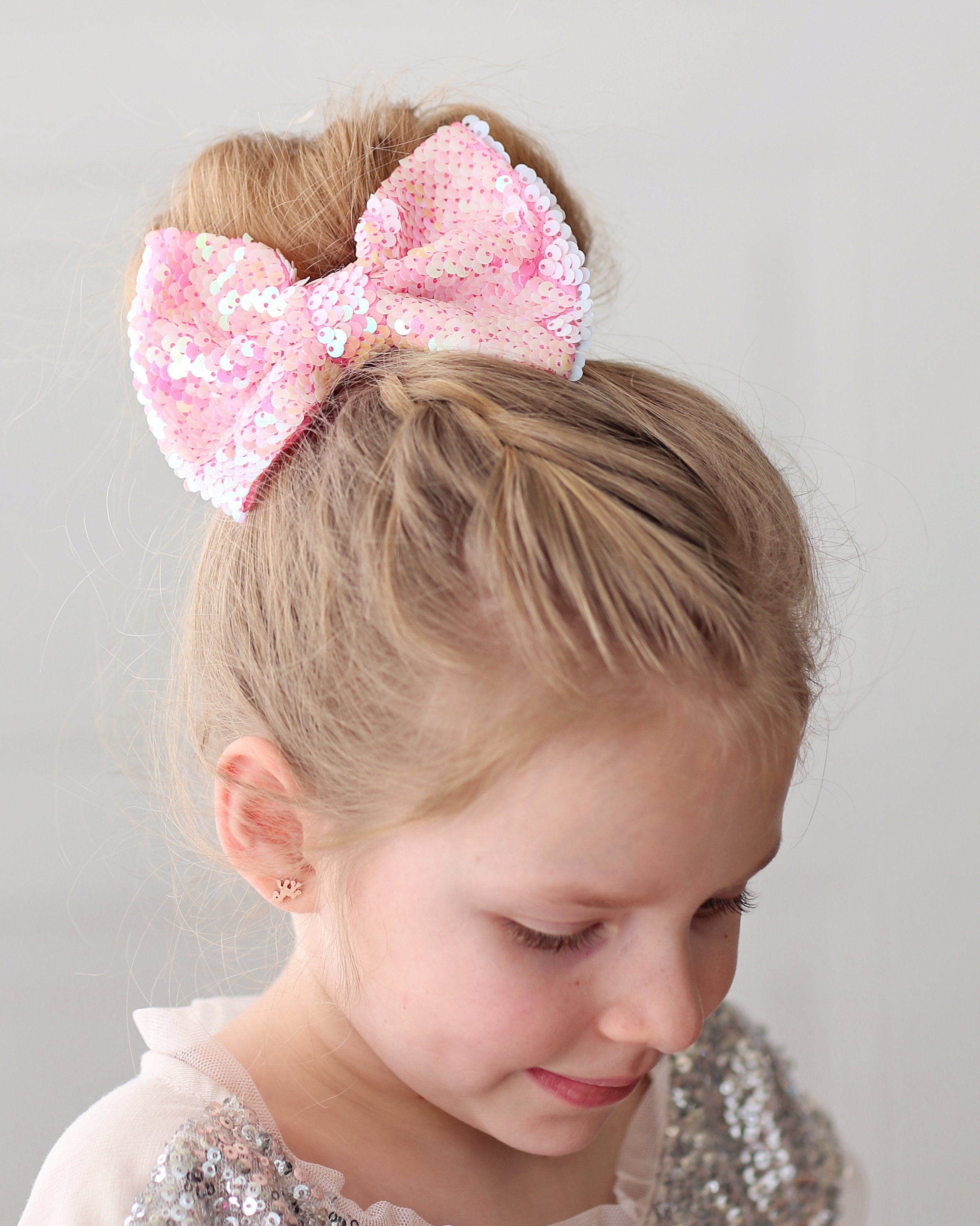 Pink Bow Clip - Sequin Bow Clip -  Pale Pink Flip Sequins - Pink Reversible Sequins