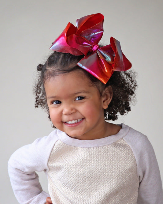Large Metallic Red Bow Clip - Metallic Bow Clip - Large Red Bow - Rainbow Red Bow - Oversized Cheer Bow