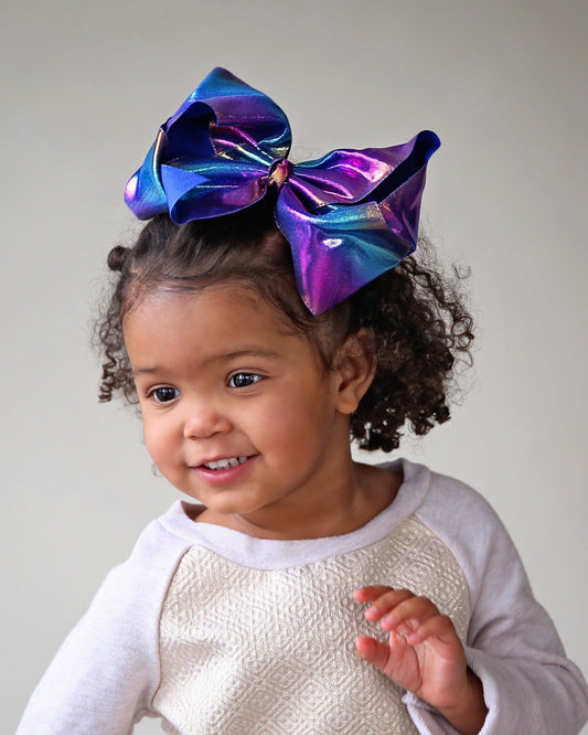 Large Metallic Blue Bow Clip - Metallic Bow Clip - Large Purple Bow - Purple and Blue Rainbow Bow - Oversized Cheer Bow