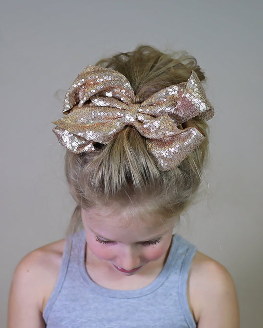 Large Sequin Rose Gold Bow Clip - Large Sequin Bow Clip -  Large Rose Gold Bow - Gold Bow - Oversized Sequin Cheer Bow