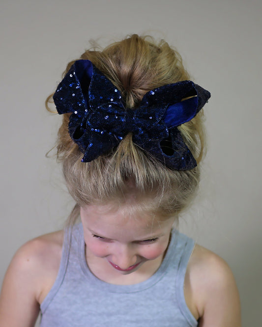 Large Sequin Navy Bow Clip - Large Sequin Bow Clip - Large Navy Bow - Navy Bow - Oversized Sequin Cheer Bow