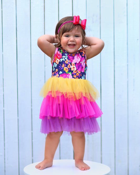 Tutu Dress in Pink, Yellow and Purple Roses