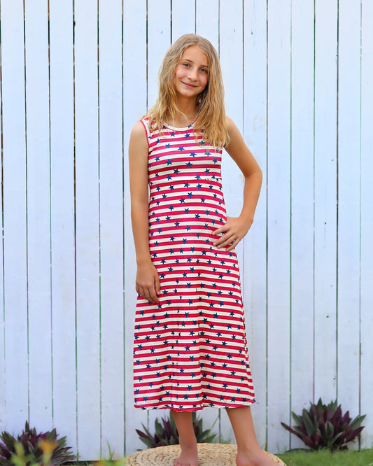 Red Stripes and Navy Stars Maxi Dress - Girls Dress - Maxi Dress - Birthday Dress - Party Dress - Americana Maxi Dress