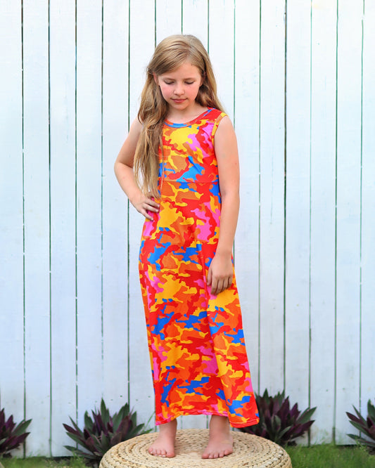 Neon Orange and Blue Maxi Dress - Girls Dress - Maxi Dress - Birthday Dress - Party Dress - Orange and Blue Camo Maxi Dress