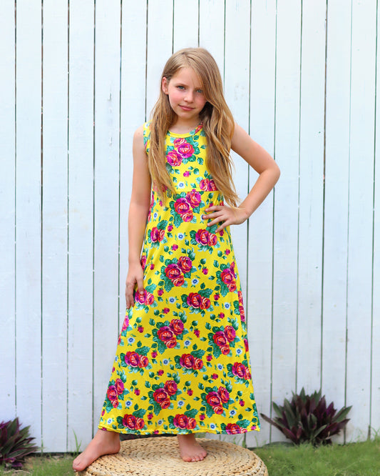 Yellow with Hot Pink Roses Maxi Dress - Girls Dress - Maxi Dress - Birthday Dress - Party Dress - Yellow Floral Maxi Dress