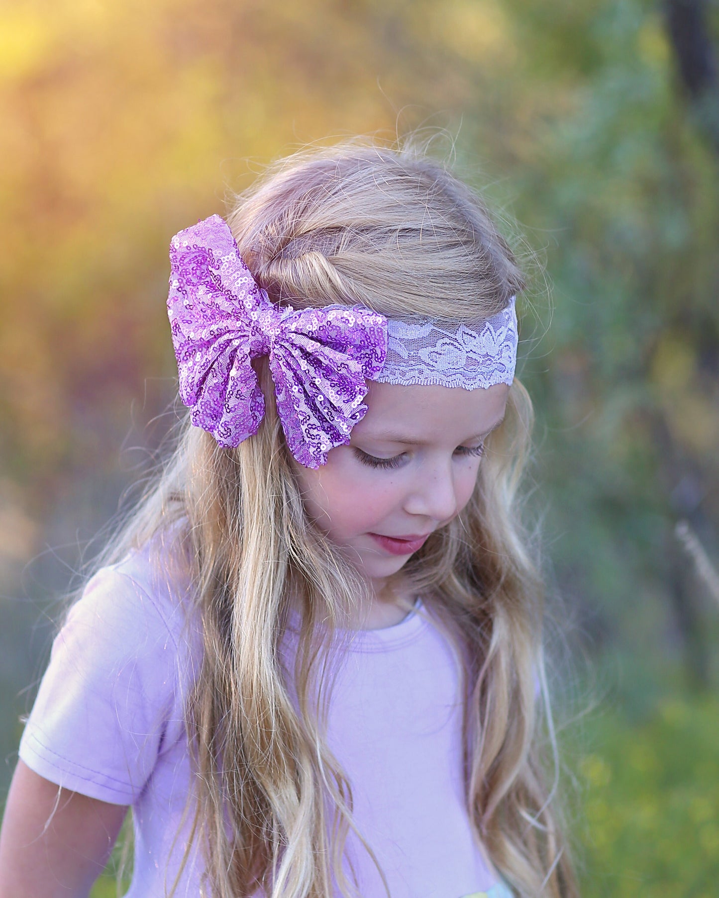 Lavender Sequin Bow on Lace Headband - Lilac Sequin Headband