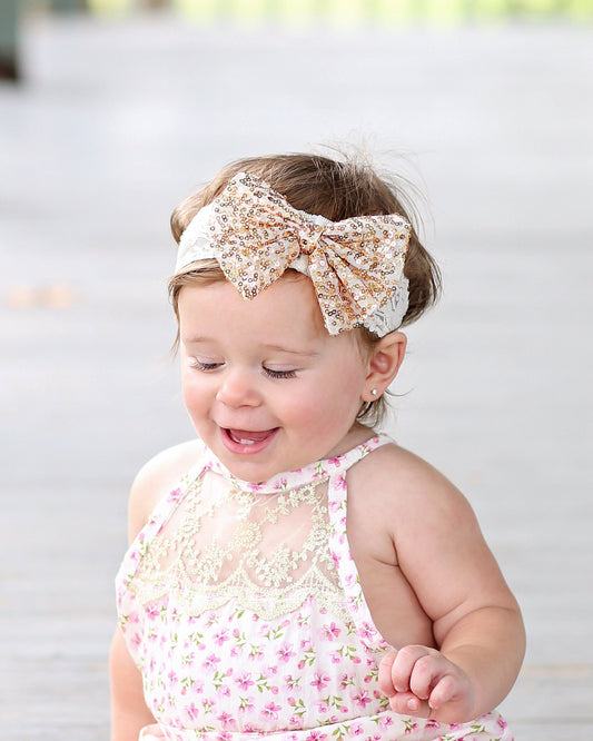 Gold Sequin Bow on Lace Headband - Gold Sequin Headband - Ivory and Gold Bow