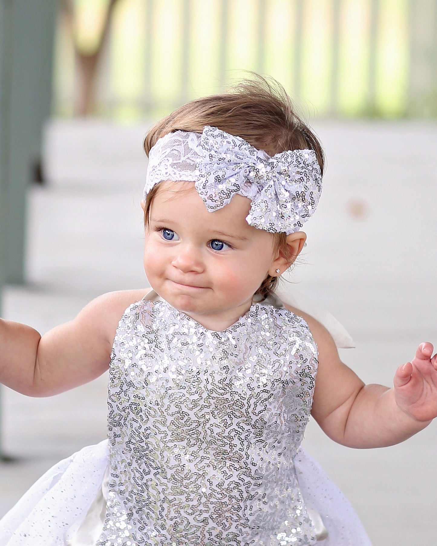 Silver Sequin Bow on Lace Headband - Silver Sequin Headband - Silver Bow