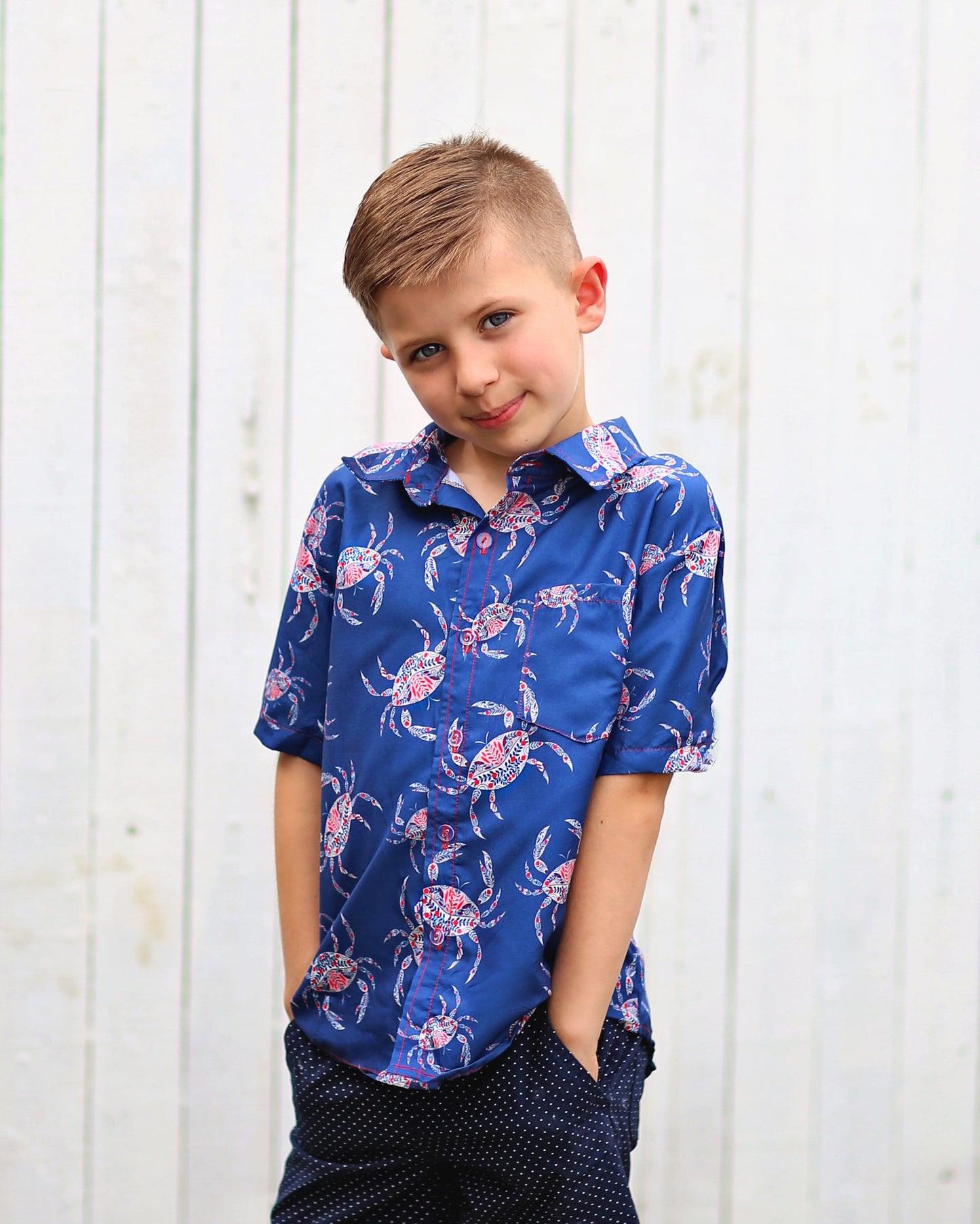 Boys Blue, Red and White Crab Button up Shirt - Boys Button Shirt - Boys Dress Shirt