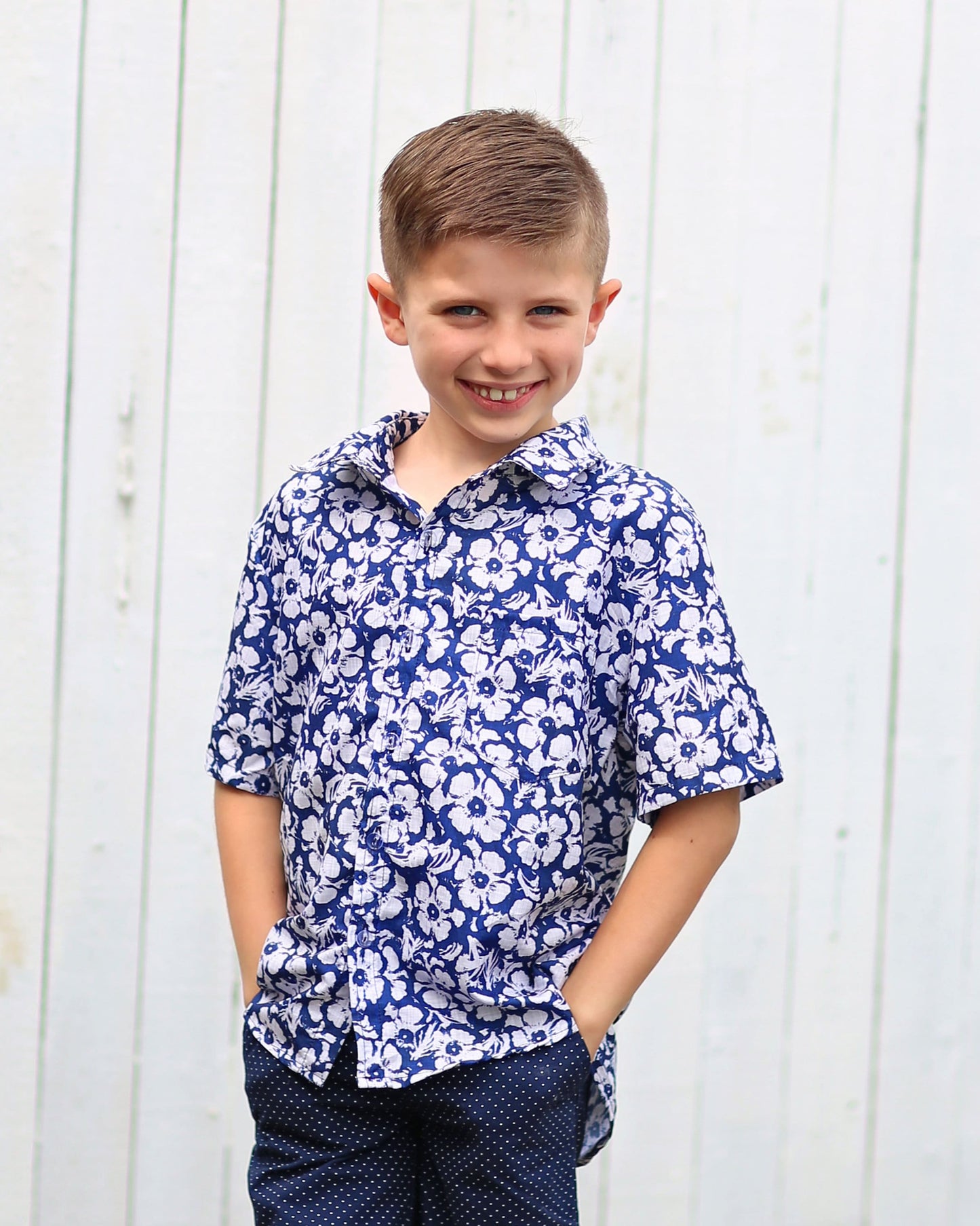 Boys Blue and White FLower Button up Shirt - Boys Button Shirt - Boys Dress Shirt