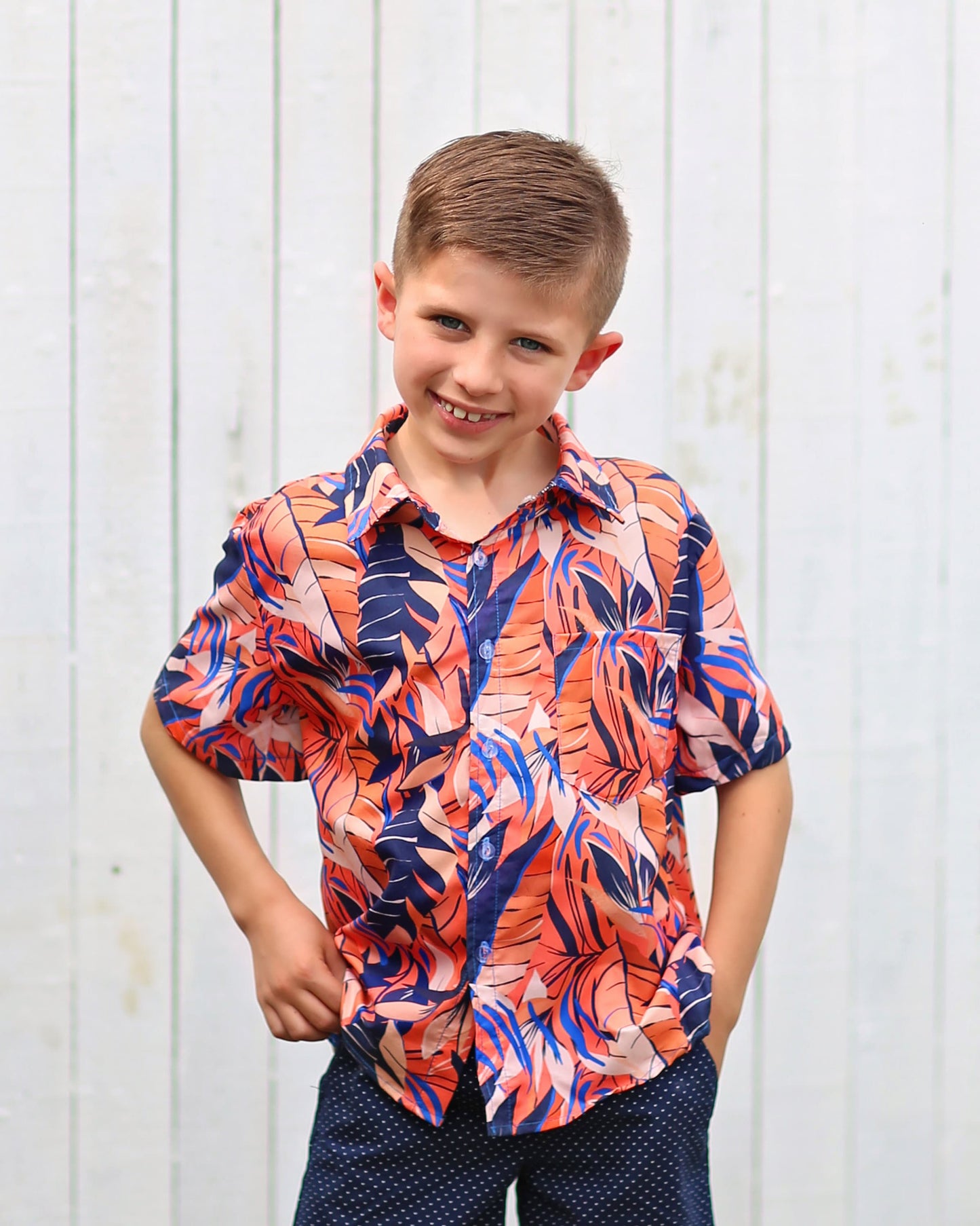 Boys Blue and Orange Leaf Button up Shirt - Boys Button Shirt - Boys Dress Shirt