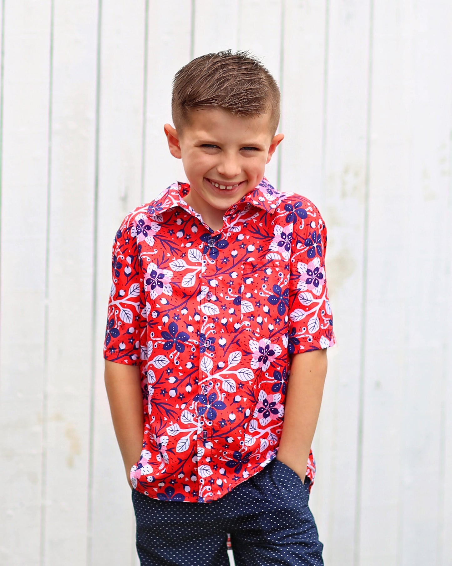 Boys Red and Blue Floral Button up Shirt - Boys Button Shirt - Boys Dress Shirt