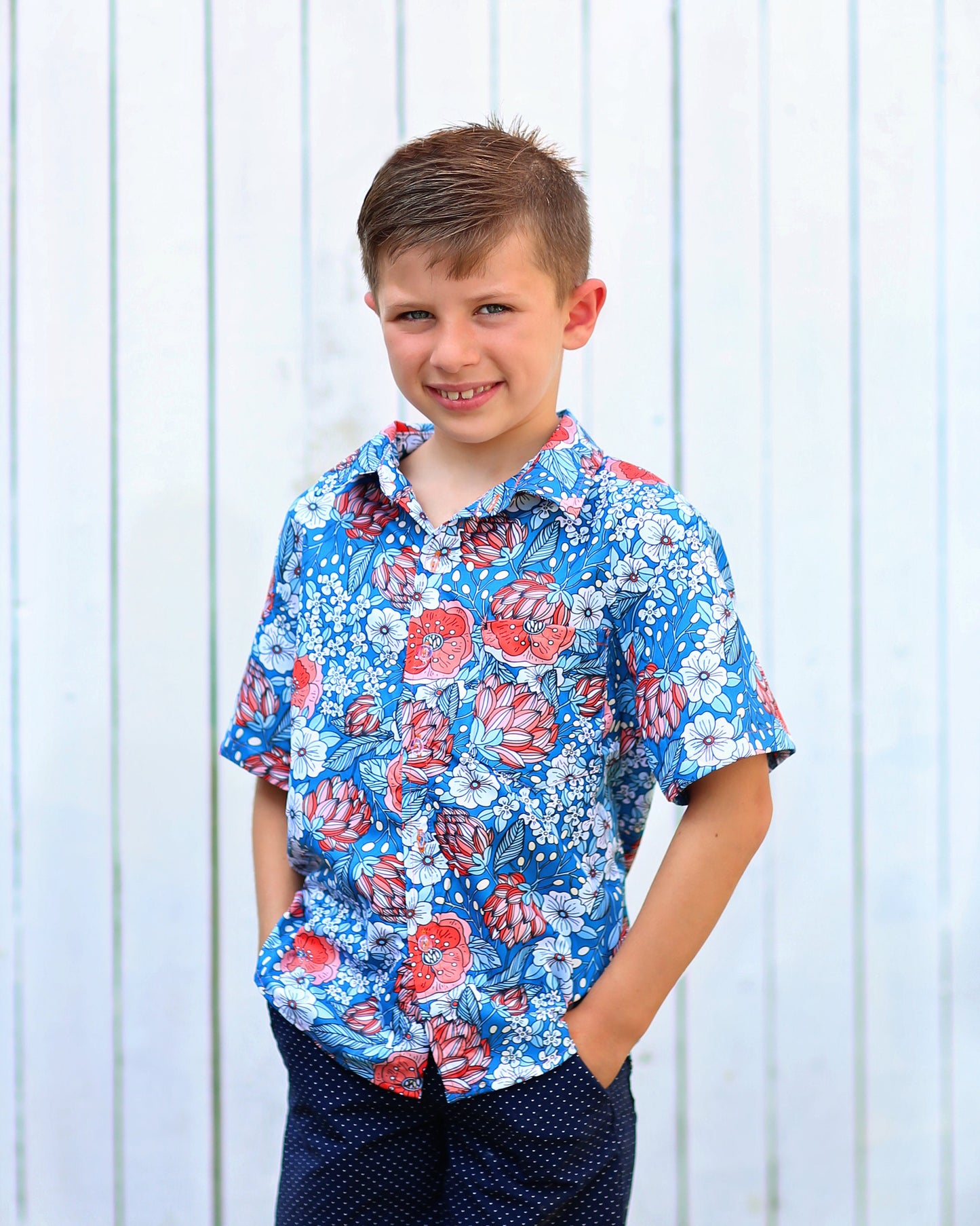Boys Blue and Red Floral Button up Shirt - Boys Button Shirt - Boys Dress Shirt