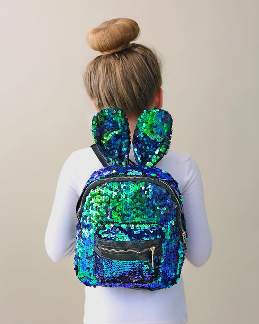 Green and Blue Bunny Backpack - Bunny Backpack - Bunny Bag - Reversible Sequin Backpack - Sequin Backpack - Sequin Bag