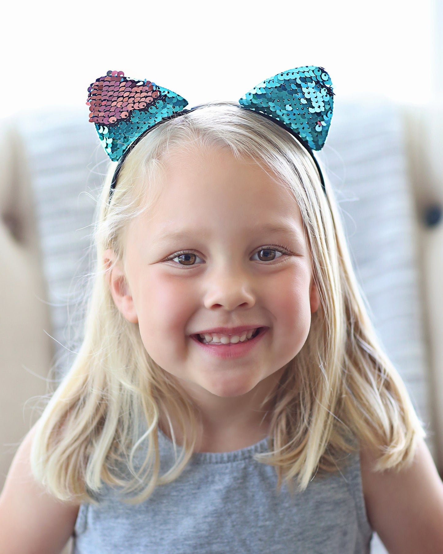 Cat Ear Sequin Headband - Sequin Cat Headband - Aqua and Pink Cat Headband - Turquoise and Pink Reversible Sequins - Sequin Headband