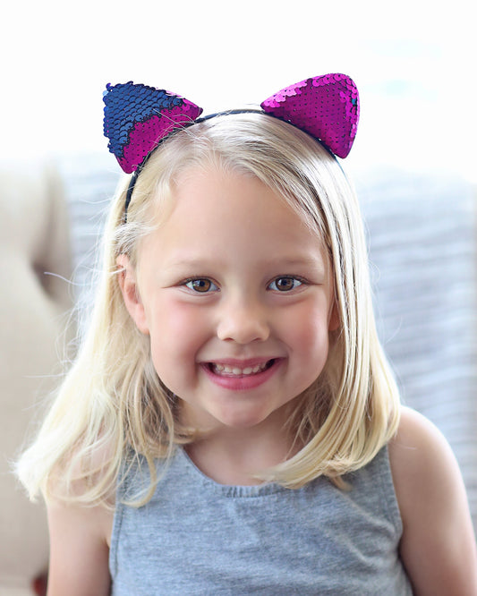 Cat Ear Sequin Headband - Sequin Cat Headband - Navy and Hot Pink Cat Headband - Blue and Pink Reversible Sequins - Sequin Headband