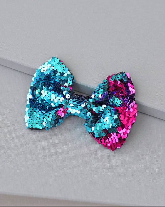 Aqua and Hot Pink Bow Clip - Sequin Bow Clip -  Aqua and Pink Flip Sequins - Aqua and Hot Pink Reversible Sequins