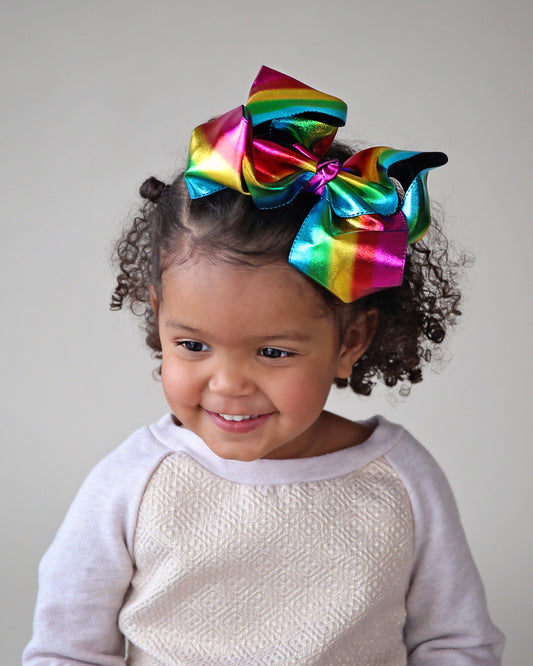 Large Metallic Rainbow Bow Clip - Metallic Bow Clip - Large Rainbow Bow - Rainbow Bow - Oversized Cheer Bow