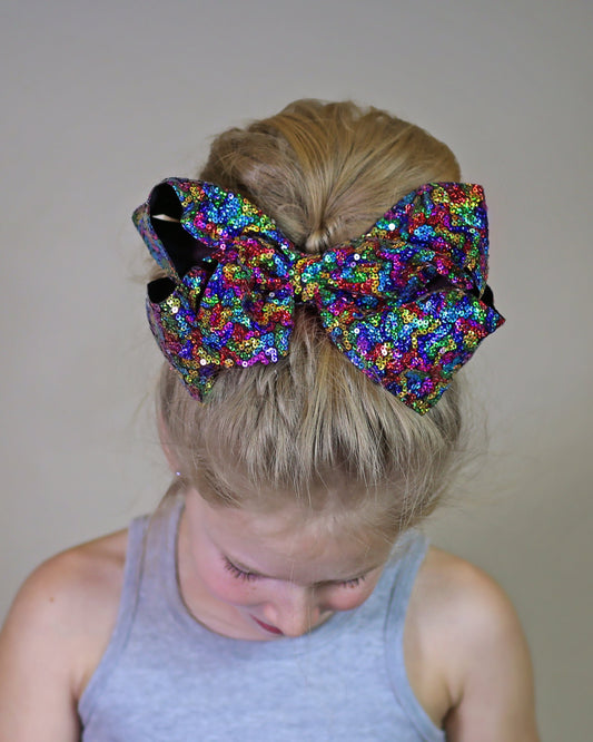 Large Sequin Rainbow Bow Clip - Large Sequin Bow Clip - Large Rainbow Bow - Rainbow Bow - Oversized Sequin Cheer Bow