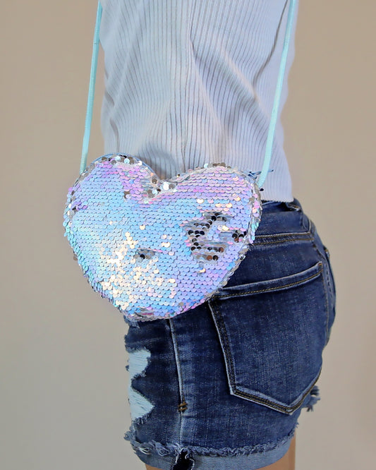 Ice Blue Heart Sequin Purse - Flip Sequin Heart Bag - Blue Girls Heart Purse - White Heart Bag